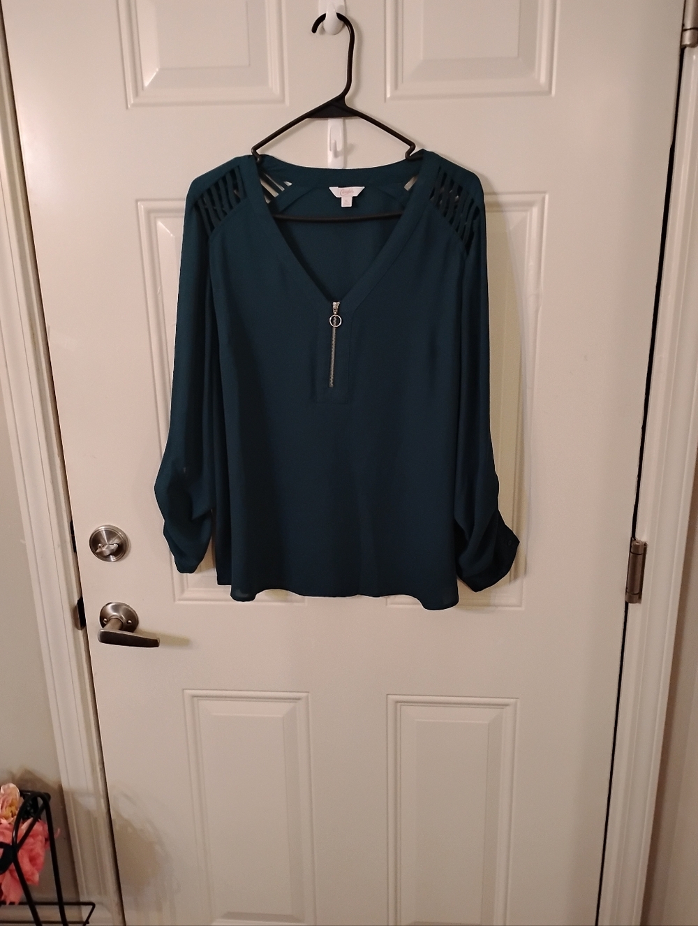 Candie's Teal V-Neck Blouse with Zip and Ladder Shoulder